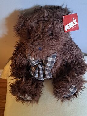 AMS Design Brown Plush Teddy Bear with Plaid Bow